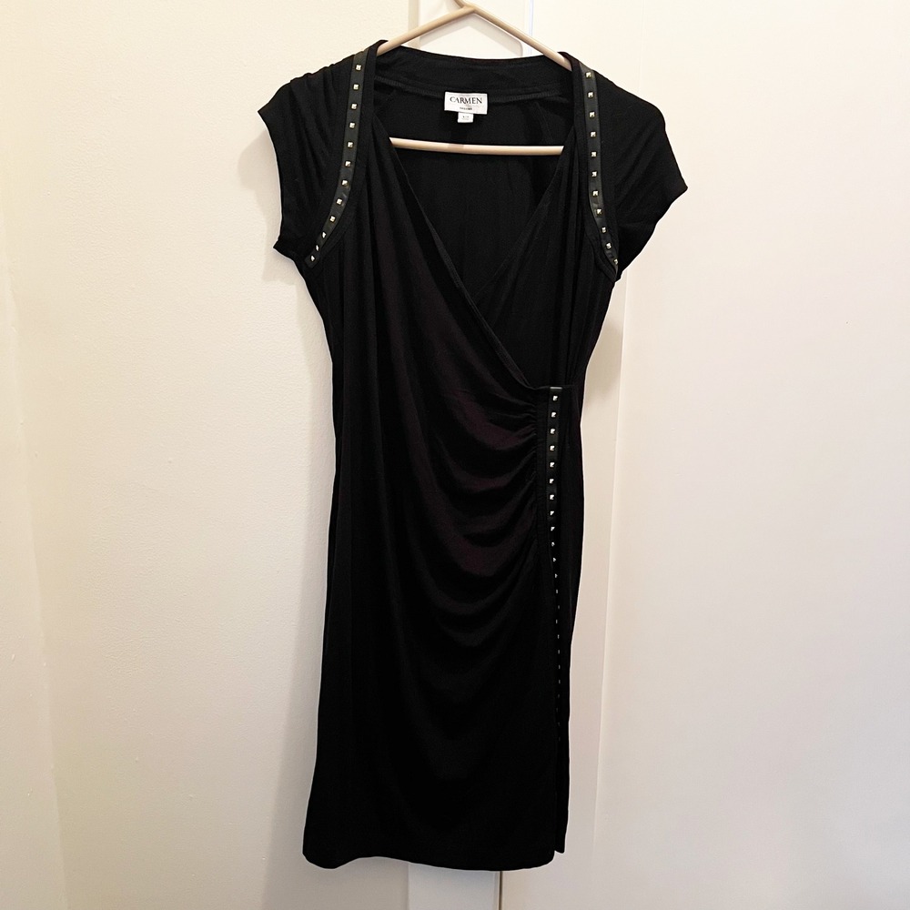 Carmen Marc Valvo Dress Large Black Studded Faux‎ Wrap Bodycon Party Cocktail